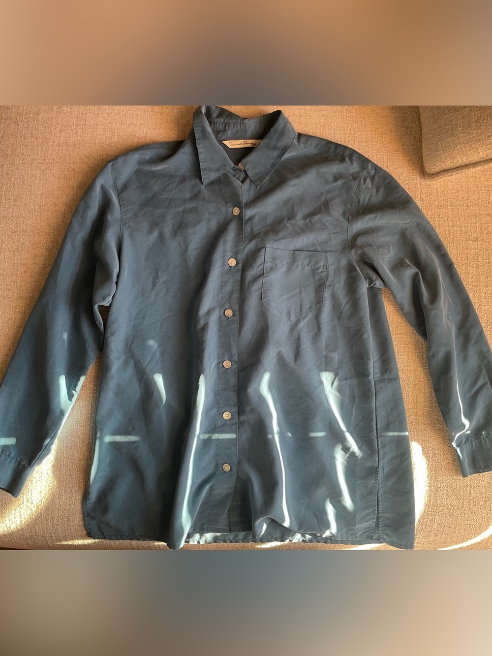 French Laundry Women’s Medium Slate Blue Silky Button-Front Blouse